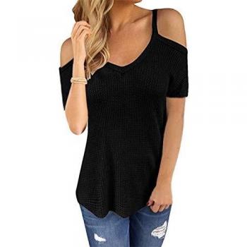 CNFIO Female Blouse with Cold Shoulders, Black, V‑Neck, Summer Short Sleeve (S)