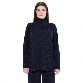 Ulla Popken Bio‑Baumwoll-Strickpullover: Rollkragen, Noppen, langarm, Blau, 42/44