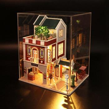 DIY Wooden Dollhouse Chinese Teahouse Villa Miniature with Furniture Kit