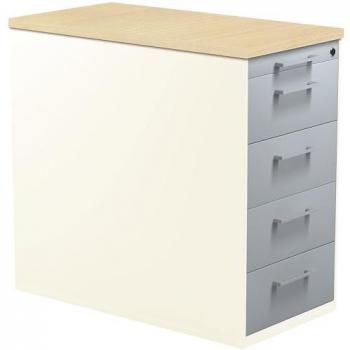 Schubladencontainer mit Sockel, Höhe 720 mm, Kunststoffplatte, 4 Schubladen, reinweiß / alusilber / Ahorn