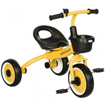 Tricycle multi-équipé enfant jaune – garde-boue, sonnette, panier, pédales antidérapantes, siège réglable, dossier en métal