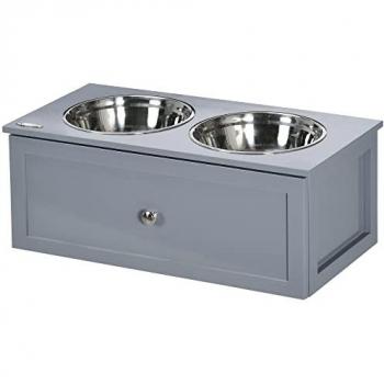 Paws voerstation, 2 voerbakken van 2 liter, roestvrij staal, met lade, voor middelgrote honden, grijs, 60 x 30 x 24 cm