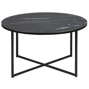 Toilinux - Table basse ronde effet marbre en verre et métal - L.80 cm x H. 45 cm - Noir - Alysé
