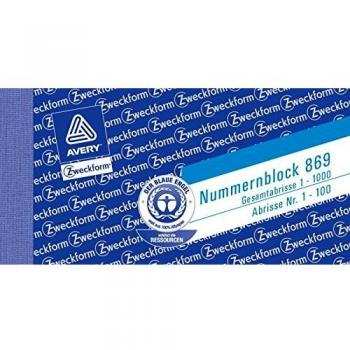 Bloque de Números AVERY Zweckform 869, 105 x 53 mm, Numeración del 1 al 1000, 5 colores (10 bloques)
