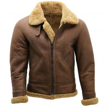 Infinity Leather Mens B3 WW2 Sheepskin Aviator Jacket-Houston - Brown - Size Small