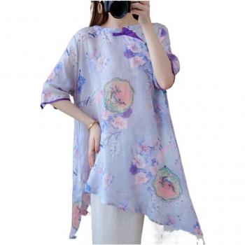Camisa de estilo chino para mujer, blusa informal con cuello levantado, diseño vintage, corta irregular V2100
