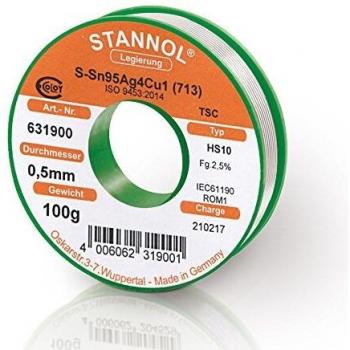 Stannol HS10 Lead-Free Solder Wire 100g - Sn95.5Ag3.8Cu0.7, 0.5mm