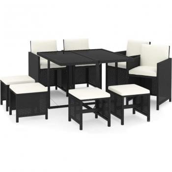 Set Mobili Giardino con Cuscini in Resina Intrecciata Nera