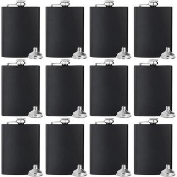 12 schwarze Glaskolben mit silbernem Deckel für Schnaps aus Edelstahl, inklusive 12 Trichtern, für Camping und Hochzeitsfeiern