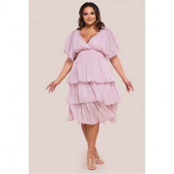 Goddiva Plus Tiered Lurex Midi in Blush Pink