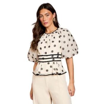Women's Beige Coast Puff Sleeve Polka Dot 2‑in‑1 Jumpsuit (Size 14)