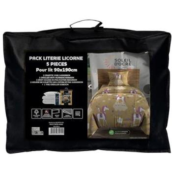 Parure de lit licorne jaune 5 pièces – Couette 90x190 cm, Soleil d’Ocre