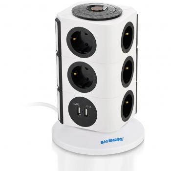 SAFEMORE Tour Multiprise Parasurtenseur Parafoudre avec 11 Prises de Recharge et 2 Ports USB (5V 2,1A),Interrupteur d'alimentation Adaptateur Douille Cordon de 2m - Noir