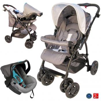 Poussette 4 Roues Combinée Bébé avec Siège Auto Groupe 0+ - Guidon Réversible - Coloris au Choix : Gris, Bleu