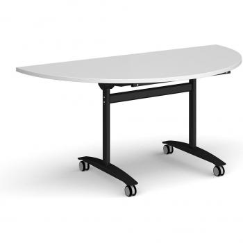 Semi Circular Deluxe Flip-Top Meeting Table with Black Frame 1600mm x 800mm - White