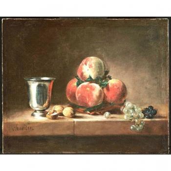 Todavía vida con melocotones, una copa de plata, uvas y nueces by Jean-Baptiste-Simeon Chardin. 100% pintado a mano. Óleo sobre lienzo. Reproducción de alta calidad