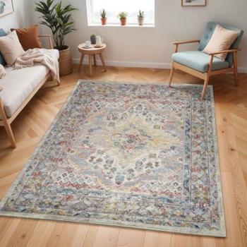 Traditional Floral Border Rug, Taupe, Ice Blue & Mustard – 80x150cm