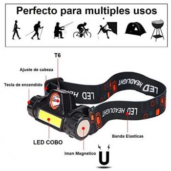 Linterna Frontal LED XPE T6 Emceuro con COB Recargable y Zoom