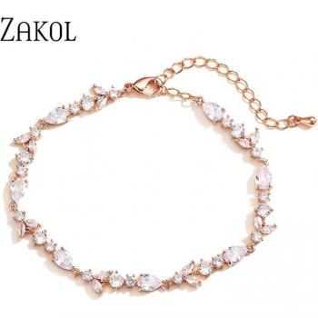 ZAKOL Adjustable Leaf Charm Bracelet for Women with AAA Cubic Zirconia Wedding Jewelry BP5034