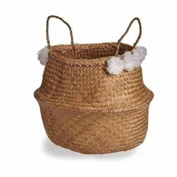 Cestino decorativo con pom-pom bianco canna naturale 8 l 32 x 30 x 32 cm