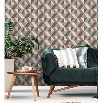 Papel pintado vinílico ecológico geométrico rombos cobre beige y gris en relieve - kepler 679265 de gaulan - rollo de 10 m x 0,53 m