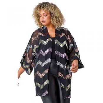 Black Sequin Zigzag Kimono – 3/4 Sleeve, Curve Fit