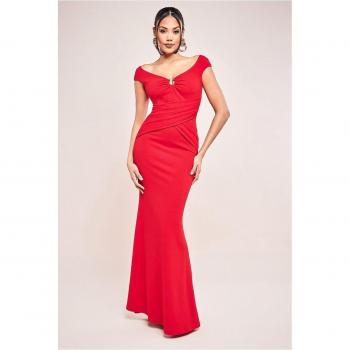 Goddiva Red Bardot Pleated Maxi with Metallic Trim