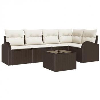 Outdoor Comfort Pack – 6‑Piece Brown & White Rattan Garden Sofa + Cushions