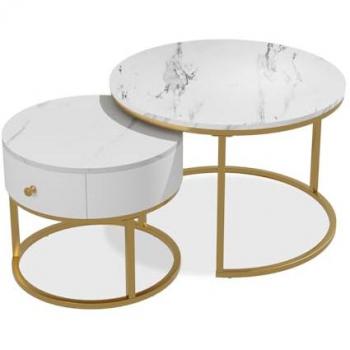 Tables d’appoint Madrid – 70 × 48 cm – Table compacte avec tiroir – Marbre blanc – Vicco