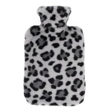 Hot Water Bottle with Cover Faux Fur Warmer Soft Fleece Leopard Fluffy, Beige