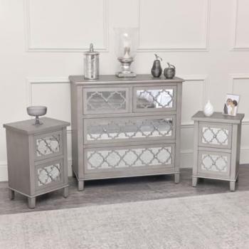 Large Silver Mirrored Lattice Chest of Drawers and Bedside Tables - Sabrina Silver Range, Material: Furniture, Furniture Ranges, Sabrina Range, Sabrina Silver Range