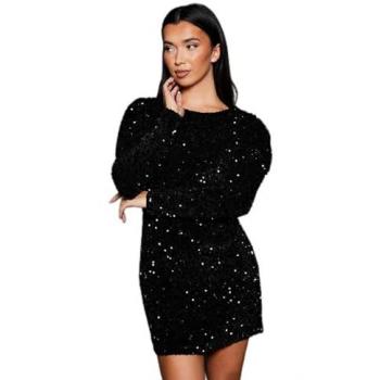 Elegant Noir Sparkle Puff Long-Sleeve Mini Gown
