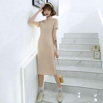 Robe Cheongsam en coton crème, longueur genou, style collège