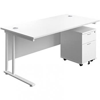 Twin Rectangular Desk with Mobile Pedestal and 2 Drawers - White