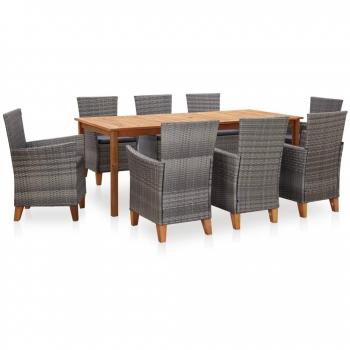 VidaXL 9 Piece Dining Set Poly Rattan and Solid Wood Acacia Grey