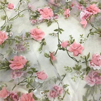 3D Flowers Organza Lace Fabric with Chiffon Rosette Appliques