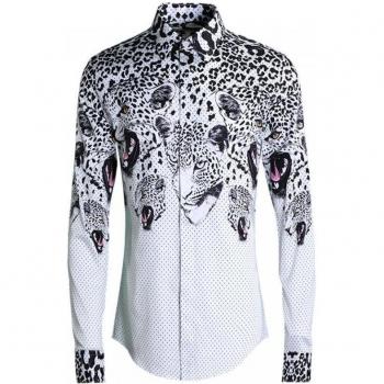 Men's Casual Slim Fit Long Sleeve Shirt 100% Cotton Polka Dot and Leopard Head Print 4XL