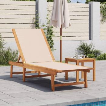 VIDAXL Lettino Prendisole Con Tavolo Crema Massello Acacia E Textilene