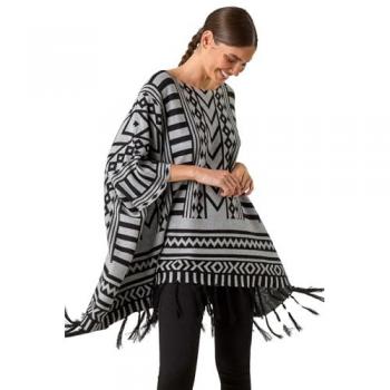 Jumper Poncho Frangé Taille S/M Gris
