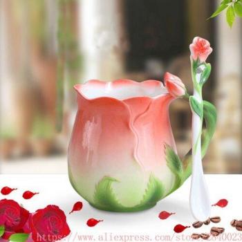 3D Rose Emaille Teetasse mit Löffel