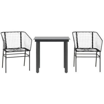 Poly Rattan Patio Table & 2 Chairs – Black with Glass Top