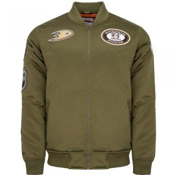 Mitchell & Ness Herren‑Bomberjacke Satin mit Anaheim Ducks Patch in Olivgrün (L)