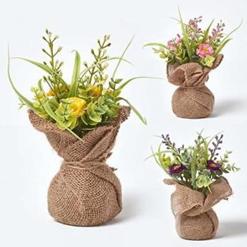 Set of 3 Artificial Daisies in Rustic Burlap Pots