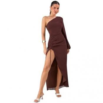 MISSPAP One-Shoulder Ruched Maxi Dress, Chocolate, 10