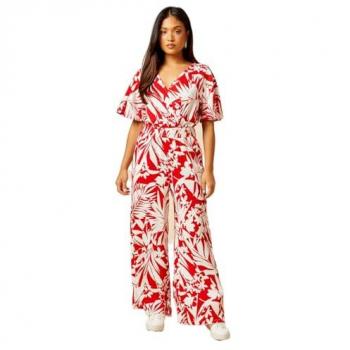 Petite Palm Print Wrap Front Jersey Dress – Red