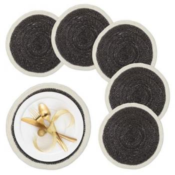 Placemat Americane da Tavolo in Seagrass, Set di 6, Ø 37 cm, Nero Bianco