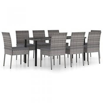 9 Piece Grey Poly Rattan Outdoor Dining Set with Cushions