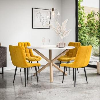 Marble Oak Malvern Round Table with Nova Velvet Chairs – Mustard Edition
