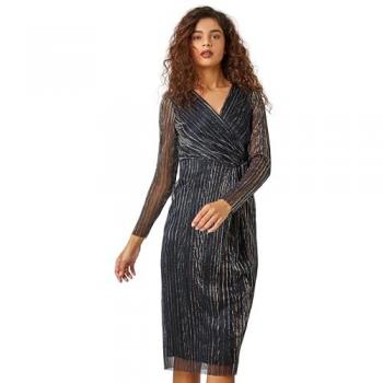 Roman Women's Shimmer Stripe Print Midi Wrap Dress - Black - Size 10 UK