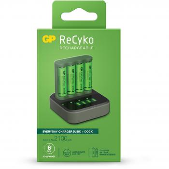 Gp recyko b421 dock pack de cargador everyday usb 4 espacios + base de carga + 4 pilas recargables 2100mah aa
